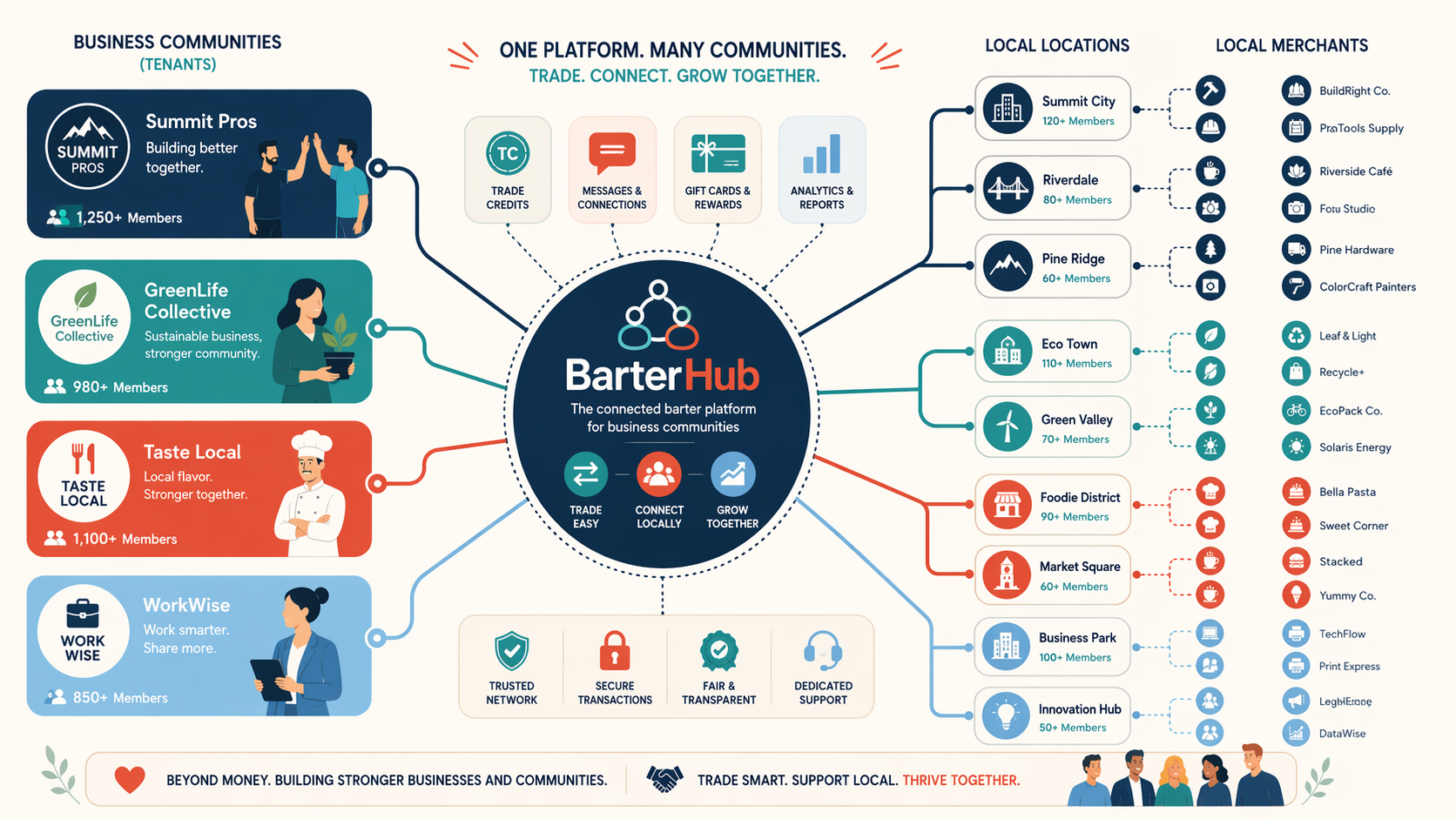 NexusBarter multi-tenant ecosystem connecting exchanges, brands, locations, and members